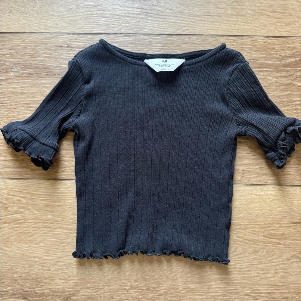 H&M Black Ribbed Tee with Ruffled Details